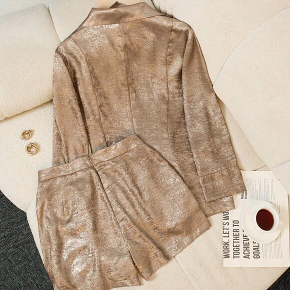 Gold Casual Women's Plain Color Blazer Jacket And Shorts Suit Set - Picture 2 of 5